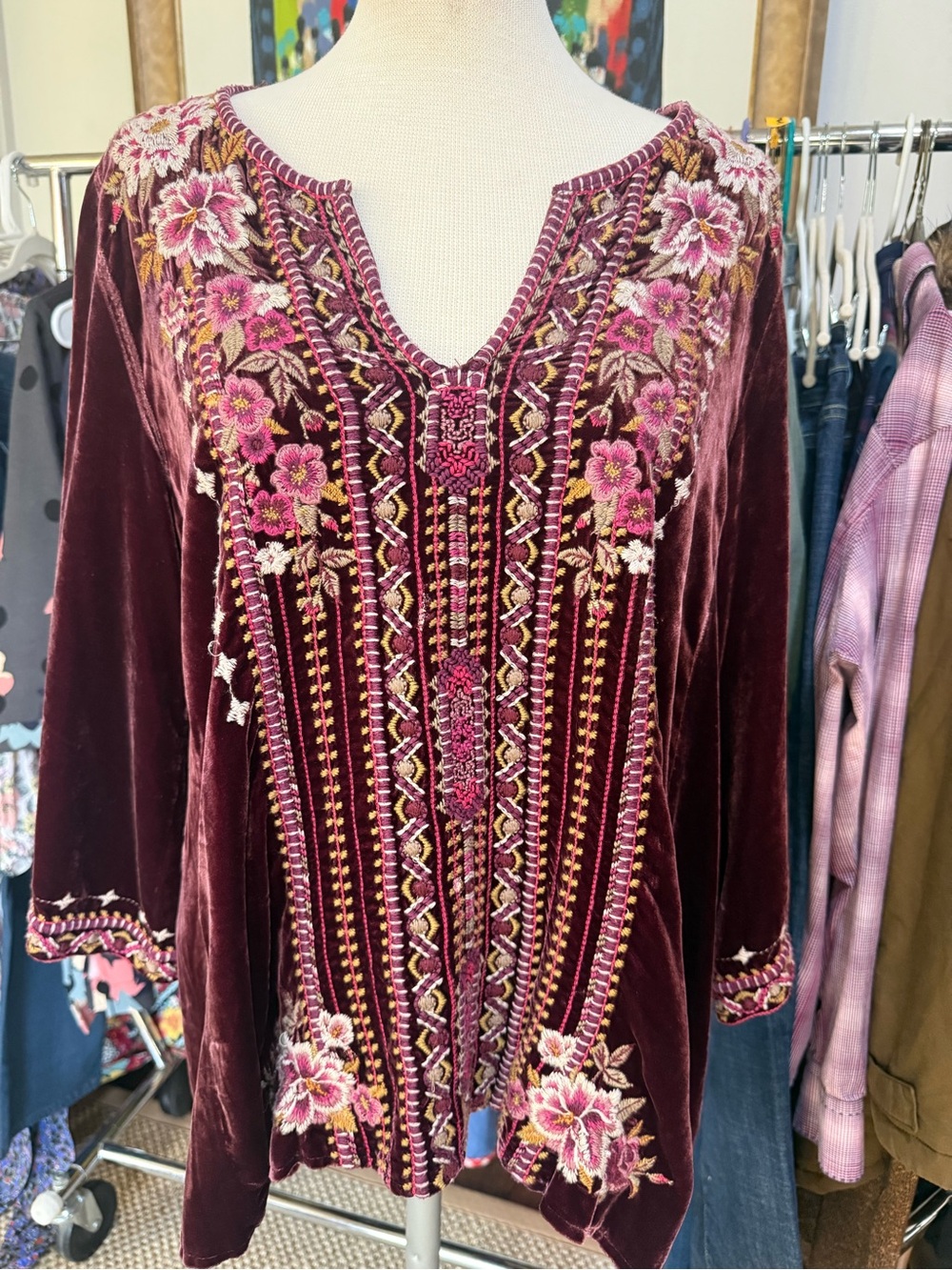 Johnny Was Burgundy Velvet Embroidered Tunic